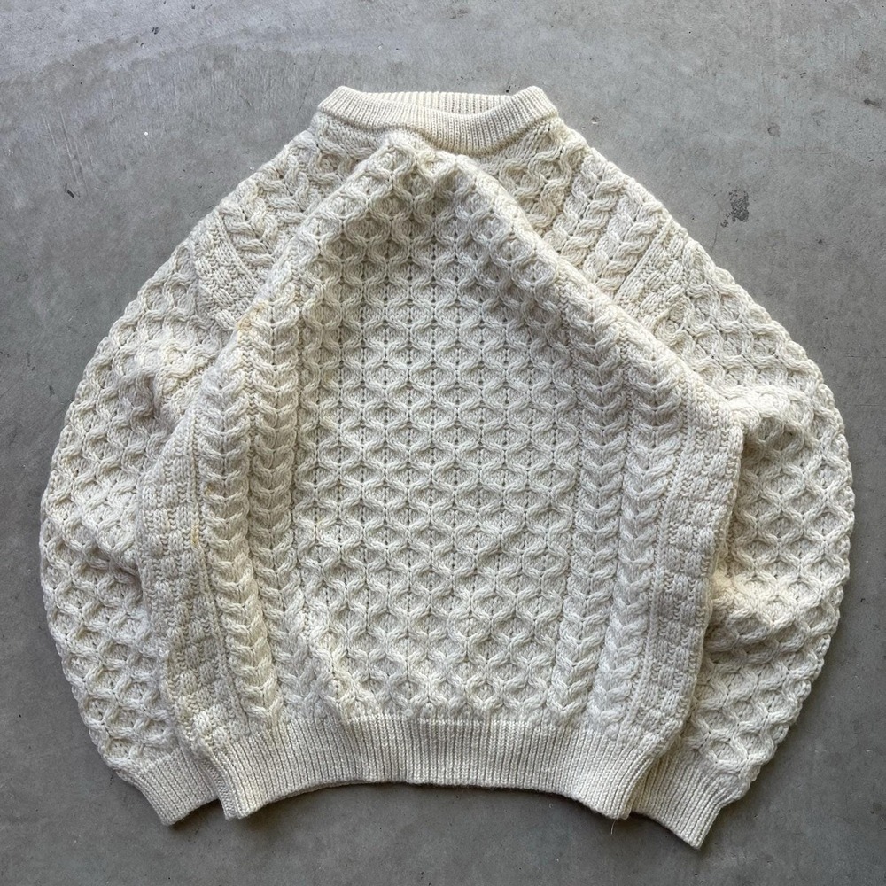 Vintage Aran Crafts Irish Sweater Wool Fisherman Cable Knit Ivory Aran XS